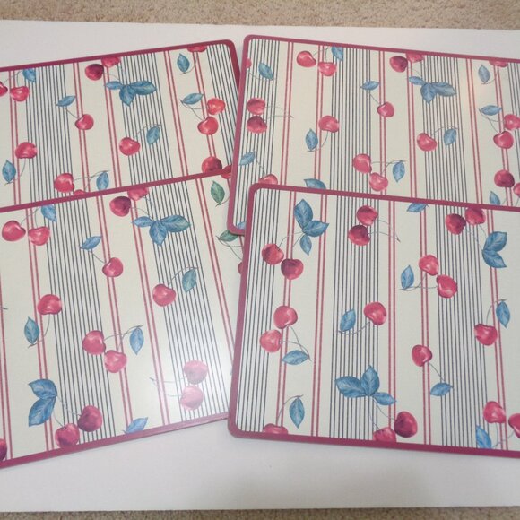 Retro Cherry Placemats Set of 4 With Cork Backing Red Stripes and Leaves - Picture 7 of 8